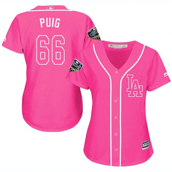 Women's Majestic Los Angeles Dodgers #66 Yasiel Puig Authentic Pink Fashion Cool Base 2018 World Series MLB Jersey - Ujersey