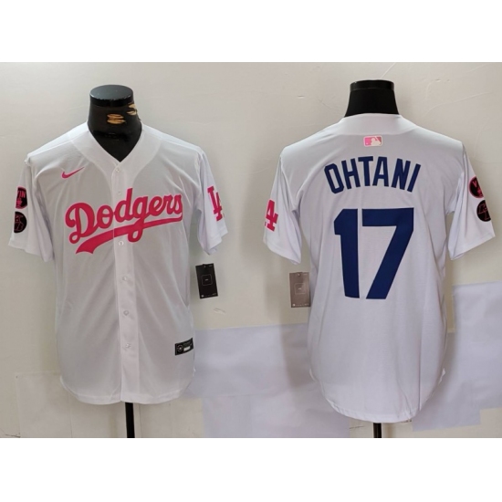 Men's Los Angeles Dodgers #17 Shohei Ohtani White Pink Vin & Kobe Stitched Baseball Jersey