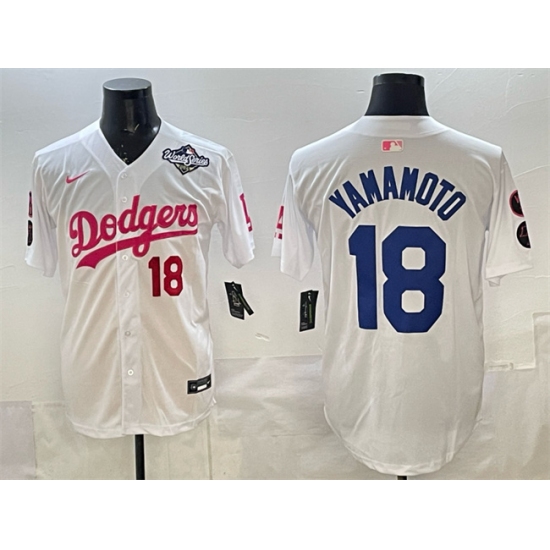 Men's Los Angeles Dodgers #18 Yoshinobu Yamamoto White Pink 2025 World Series Vin Kobe Limited Stitched Baseball Jersey - Ujersey