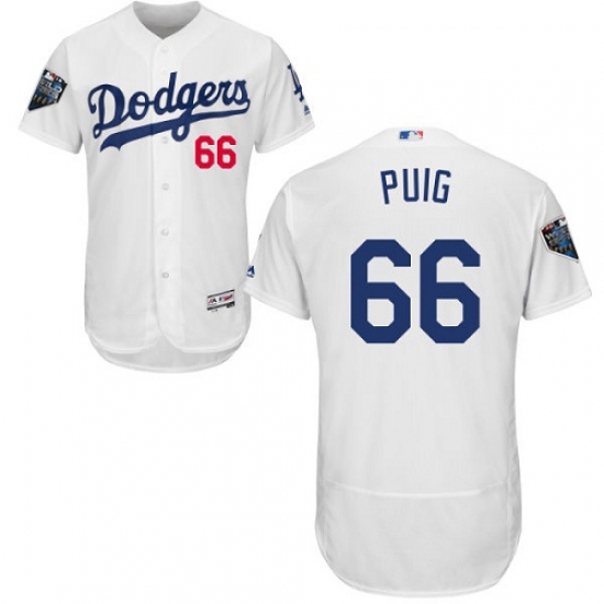 Men's Majestic Los Angeles Dodgers #66 Yasiel Puig White Home Flex Base Authentic Collection 2018 World Series MLB Jersey - Ujersey