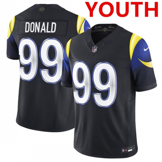 Youth los angeles rams #99 aaron donald midnight blue 2025 f.u.s.e. “rivalries” vapor limited football stitched jersey - Ujersey