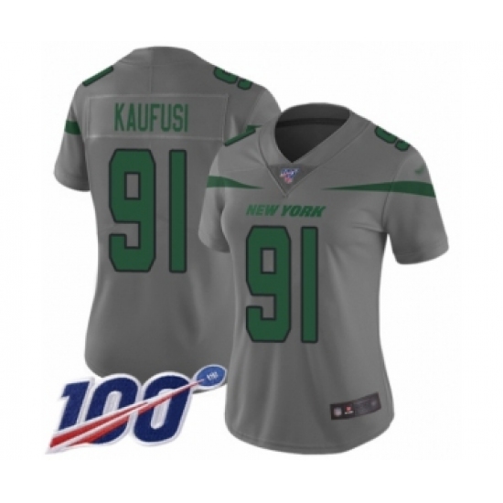 Women's New York Jets #91 Bronson Kaufusi Limited Gray Inverted Legend 100th Season Football Jersey - Ujersey