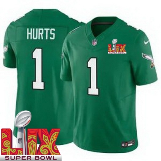 Youth Philadelphia Eagles Jalen Hurts #1 Kelly Green 2024 2025 Super Bowl LIX F U S E Stitched NFL Jersey - Ujersey