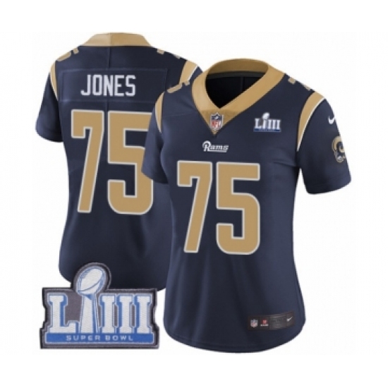 Women's Nike Los Angeles Rams #75 Deacon Jones Navy Blue Team Color Vapor Untouchable Limited Player Super Bowl LIII Bound NFL Jersey - Ujersey