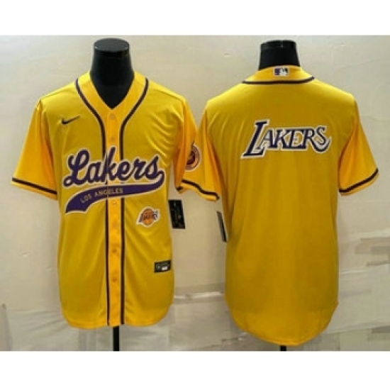 Mens Los Angeles Lakers Yellow Big Logo With Cool Base Stitched Baseball Jersey - Ujersey