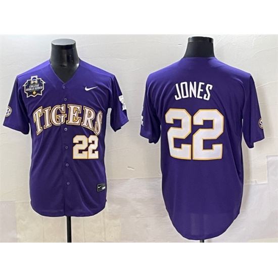 Men's LSU Tigers #22 Jared Jones Purple 2025 World Series & SEC Patch Stitched Baseball Jersey - Ujersey