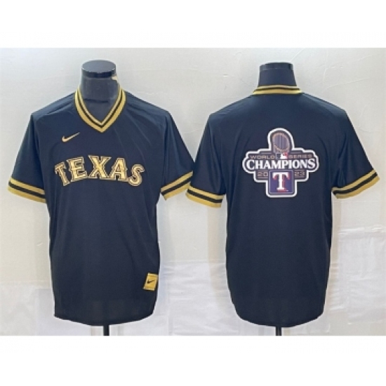 Men's Texas Rangers Black 2023 World Series Champions Big Logo Cool Base Stitched Baseball Jersey - Ujersey