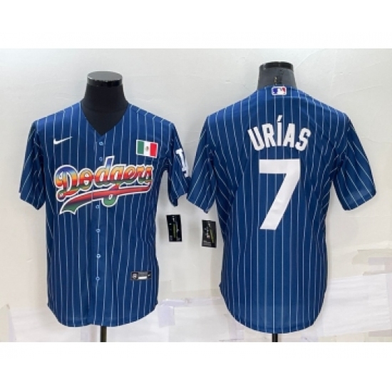 Men's Los Angeles Dodgers #7 Julio Urias Rainbow Navy Blue Pinstripe Mexico Cool Base Nike Jersey - Ujersey