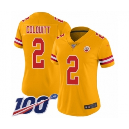 Women's Kansas City Chiefs #2 Dustin Colquitt Limited Gold Inverted Legend 100th Season Football Jersey - Ujersey