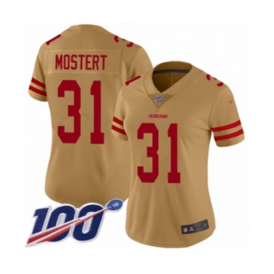 Women's San Francisco 49ers #31 Raheem Mostert Limited Gold Inverted Legend 100th Season Football Jersey - Ujersey