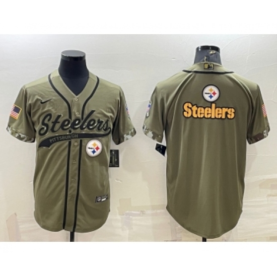 Men's Pittsburgh Steelers Blank Olive Salute to Service Team Big Logo Cool Base Stitched Baseball Jersey - Ujersey