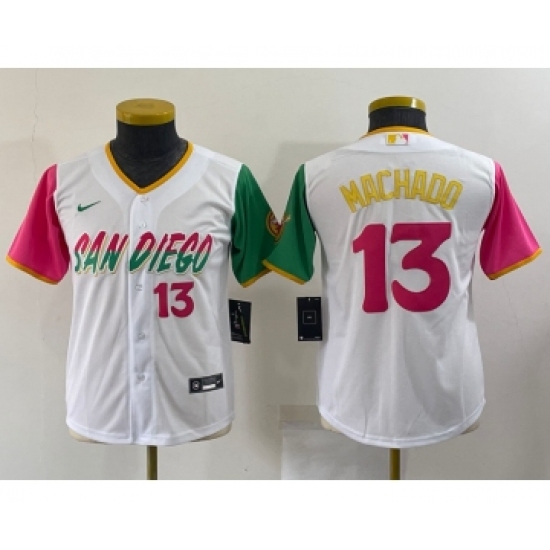 Youth San Diego Padres #13 Manny Machado White Number 2022 City Connect Cool Base Stitched Jersey - Ujersey