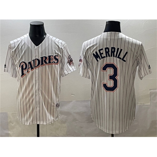 Men's San Diego Padres #3 Jackson Merrill White Throwback With Cool Base Stitched Baseball Jersey