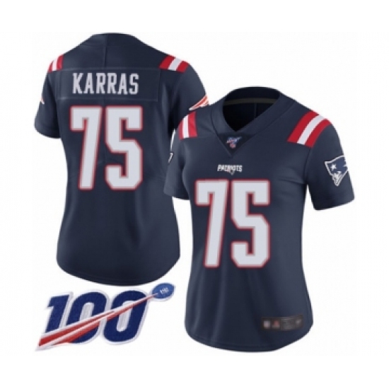 Women's New England Patriots #75 Ted Karras Limited Navy Blue Rush Vapor Untouchable 100th Season Football Jersey - Ujersey