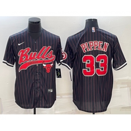 Men's Chicago Bulls #33 Scottie Pippen Black Pinstripe With Patch Cool Base Stitched Baseball Jersey - Ujersey