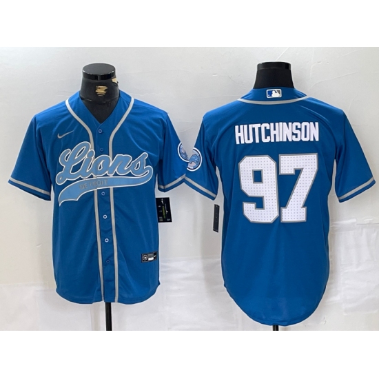 Men's Detroit Lions #97 Aidan Hutchinson Blue With Cool Base Stitched Baseball Jersey - Ujersey