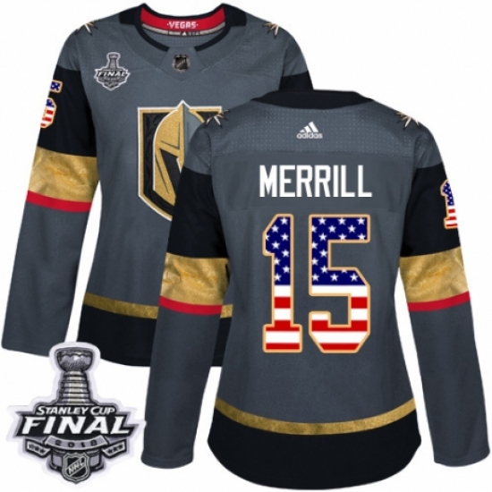 Women's Adidas Vegas Golden Knights #15 Jon Merrill Authentic Gray USA Flag Fashion 2018 Stanley Cup Final NHL Jersey - Ujersey