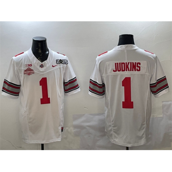 Men's Ohio State Buckeyes #1 Quinshon Judkins White 2025 CFP Final With National Champions F.U.S.E. Vapor Limited Stitched Football Jersey