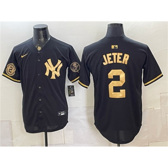 Men's New York Yankees #2 Derek Jeter Black Gold With Stitched Baseball Jersey - Ujersey