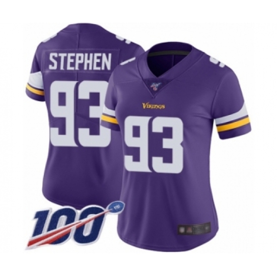 Women's Minnesota Vikings #93 Shamar Stephen Purple Team Color Vapor Untouchable Limited Player 100th Season Football Jersey - Ujersey