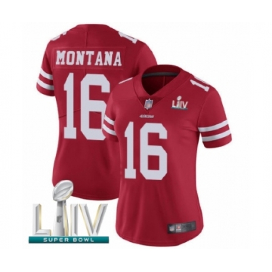 Women's San Francisco 49ers #16 Joe Montana Red Team Color Vapor Untouchable Limited Player Super Bowl LIV Bound Football Jersey