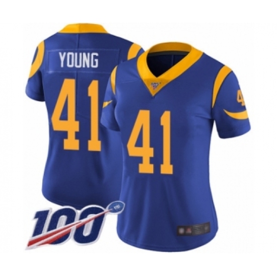 Women's Los Angeles Rams #41 Kenny Young Royal Blue Alternate Vapor Untouchable Limited Player 100th Season Football Jersey - Ujersey