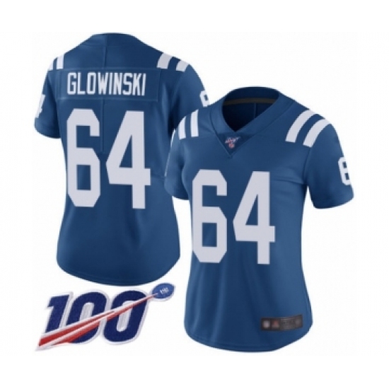 Women's Indianapolis Colts #64 Mark Glowinski Royal Blue Team Color Vapor Untouchable Limited Player 100th Season Football Jersey - Ujersey