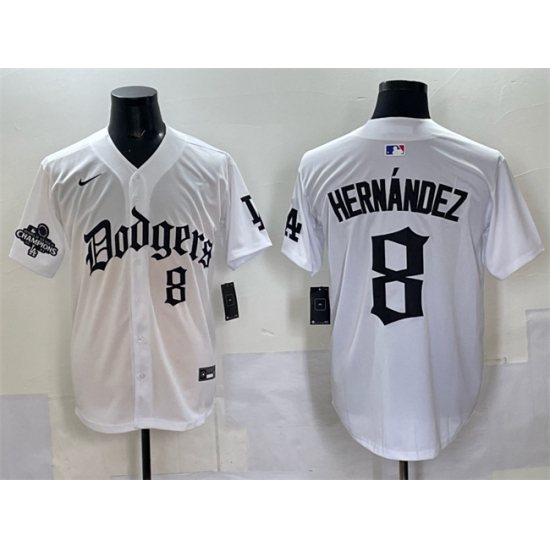Men's Los Angeles Dodgers #8 Enrique Hernández White 2025 LA Gothic Style With 2024 World Series Champions Vapor Premier Limited Stitched Baseball Jersey - Ujersey