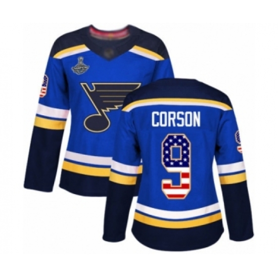 Women's St. Louis Blues #9 Shayne Corson Authentic Blue USA Flag Fashion 2019 Stanley Cup Champions Hockey Jersey - Ujersey