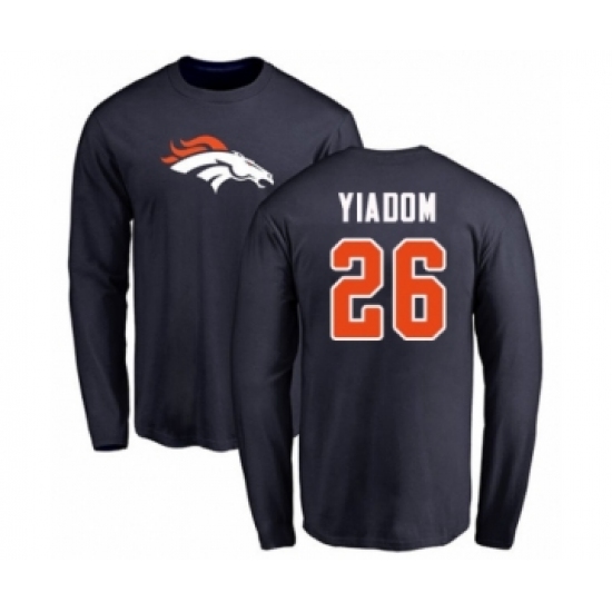 Football Denver Broncos #26 Isaac Yiadom Navy Blue Name & Number Logo Long Sleeve T-Shirt - Ujersey