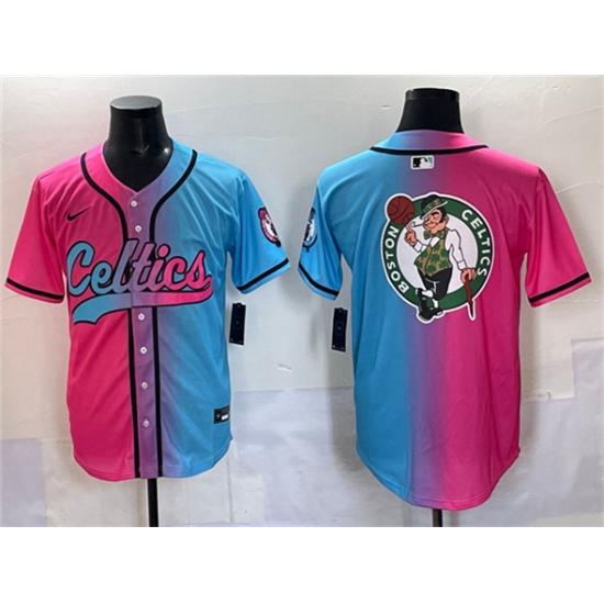 Men's Boston Celtics Team Big Logo Pink Blue Limited Stitched Baseball Jersey - Ujersey