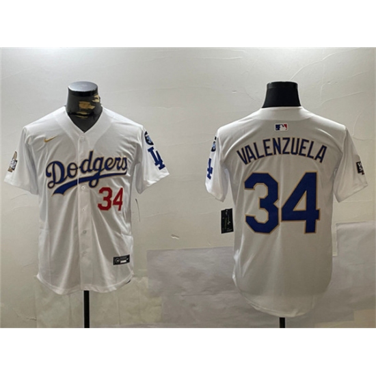 Men's Los Angeles Dodgers #34 Toro Valenzuela White Gold 2024 World Series With Fernando Memorial Home Limited Stitched Baseball Jersey - Ujersey