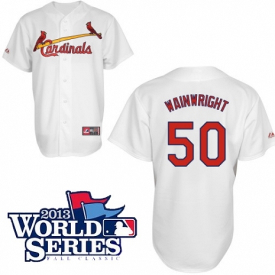 Men's Majestic St. Louis Cardinals #50 Adam Wainwright Authentic White Cool Base 2013 World Series Patch MLB Jersey - Ujersey
