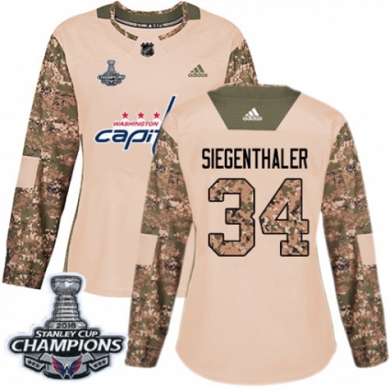 Women's Adidas Washington Capitals #34 Jonas Siegenthaler Authentic Camo Veterans Day Practice 2018 Stanley Cup Final Champions NHL Jersey - Ujersey