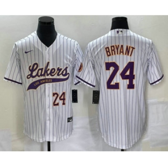Men's Los Angeles Lakers #24 Kobe Bryant White Pinstripe Cool Base Stitched Baseball Jersey2 - Ujersey
