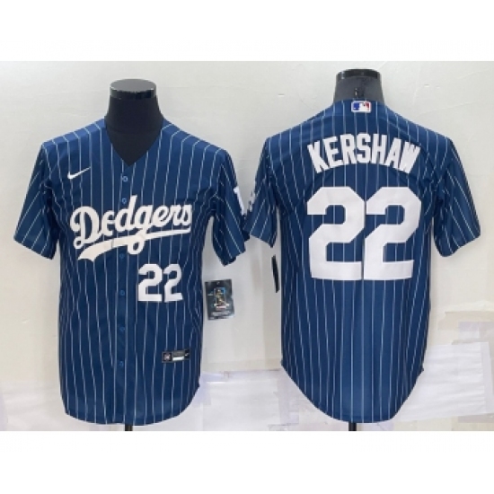 Men's Los Angeles Dodgers #22 Clayton Kershaw Number Navy Blue Pinstripe Stitched MLB Cool Base Nike Jersey - Ujersey