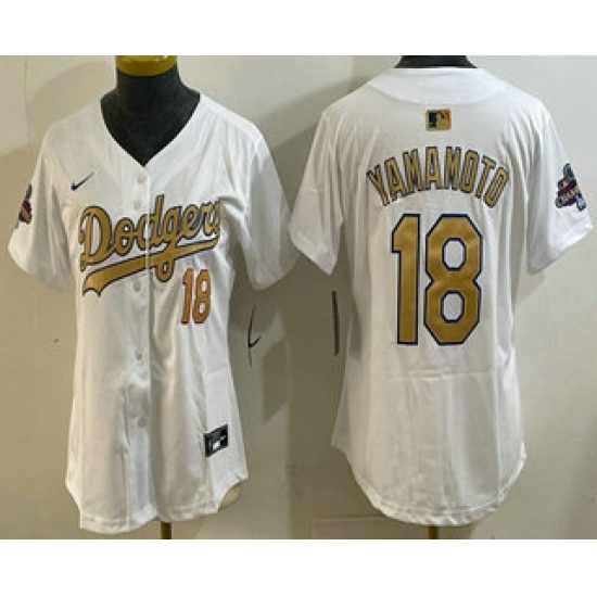 Women's Los Angeles Dodgers #18 Yoshinobu Yamamoto White 2025 Gold Collection Limited Stitched Jersey
