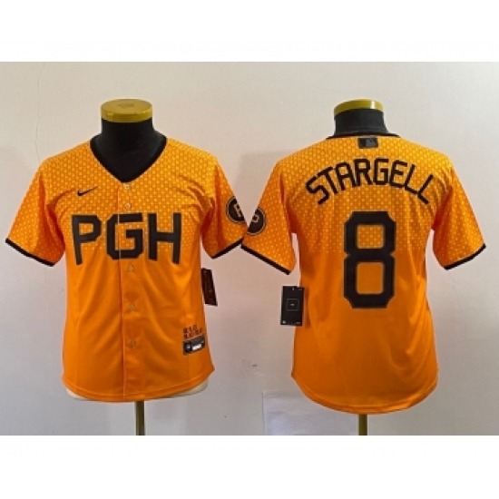 Youth Nike Pittsburgh Pirates #8 Willie Stargell Number Yellow 2023 City Connect Stitched Jersey4 - Ujersey