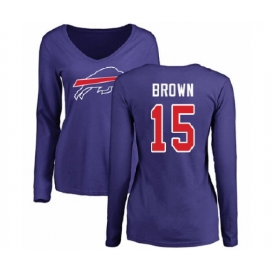 Football Women's Buffalo Bills #15 John Brown Royal Blue Name & Number Logo Long Sleeve T-Shirt - Ujersey