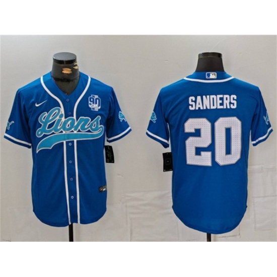 Men's Detroit Lions #20 Barry Sanders Blue With 90th Anniversary Cool Base Stitched Baseball Jersey