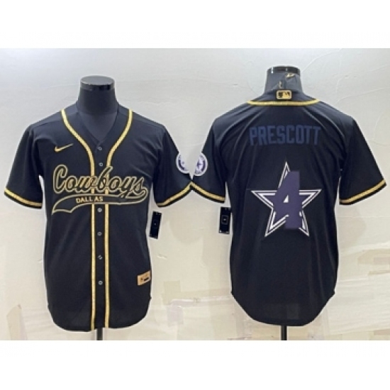 Men's Dallas Cowboys #4 Dak Prescott Black Gold Team Big Logo With Patch Cool Base Stitched Baseball Jersey - Ujersey