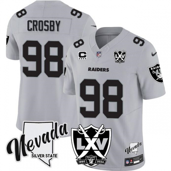 Men's Las Vegas Raiders #98 Maxx Crosby Grey 2024 F.U.S.E With Nevada Silver Stat And 65th Anniversary 4-Star C Stitched Football Jersey - Ujersey
