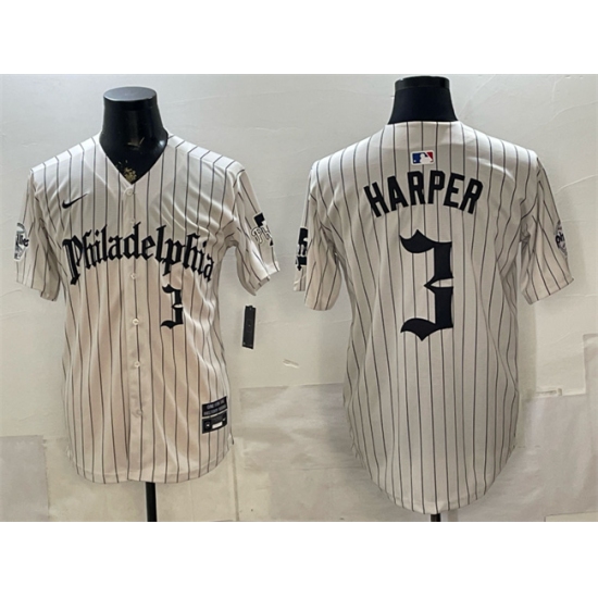 Men's Philadelphia Phillies #3 Bryce Harper Cream Pinstripe Gothic Vapor Limited Stitched Jersey - Ujersey