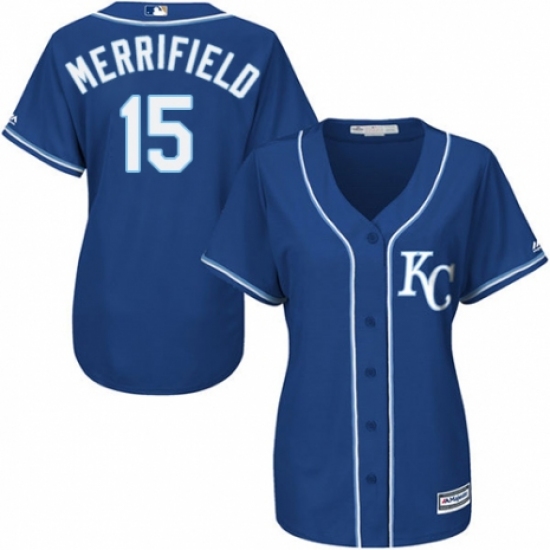 Women's Majestic Kansas City Royals #15 Whit Merrifield Replica Blue Alternate 2 Cool Base MLB Jersey - Ujersey