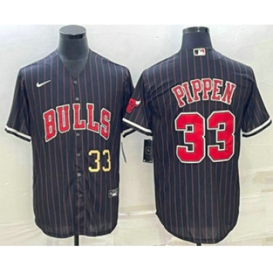 Men's Chicago Bulls #33 Scottie Pippen Number Black With Cool Base Stitched Baseball Jerseys - Ujersey