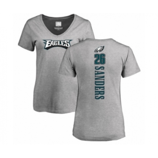 Women's Philadelphia Eagles #26 Miles Sanders Ash Backer V-Neck T-Shirt - Ujersey