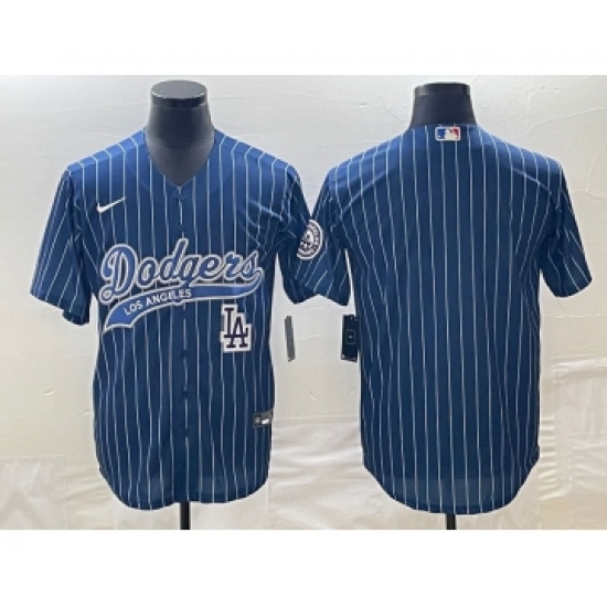 Men's Los Angeles Dodgers Blue Pinstripe Blank Cool Base Stitched Baseball Jersey - Ujersey