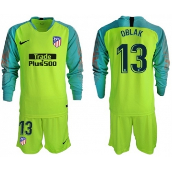 Atletico Madrid #13 Oblak Shiny Green Goalkeeper Long Sleeves Soccer Club Jersey