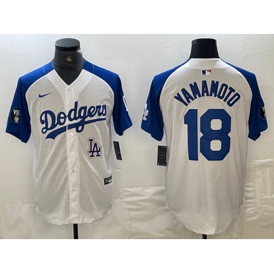 Men's Los Angeles Dodgers #18 Yoshinobu Yamamoto White Blue Fashion Stitched Cool Base Limited Jersey - Ujersey