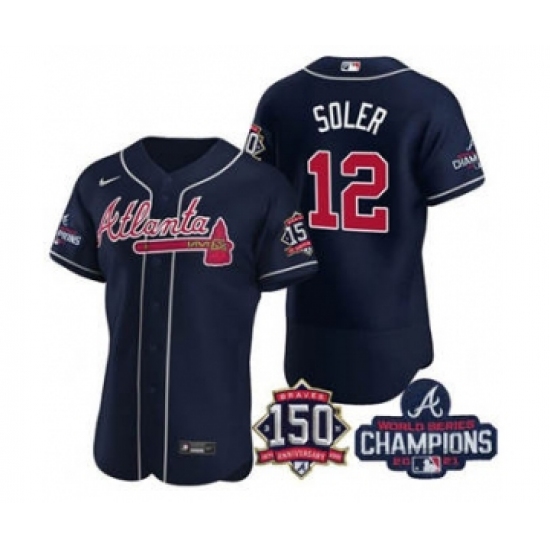 Men's Atlanta Braves #12 Jorge Soler 2021 Navy World Series Champions With 150th Anniversary Flex Base Stitched Jersey - Ujersey